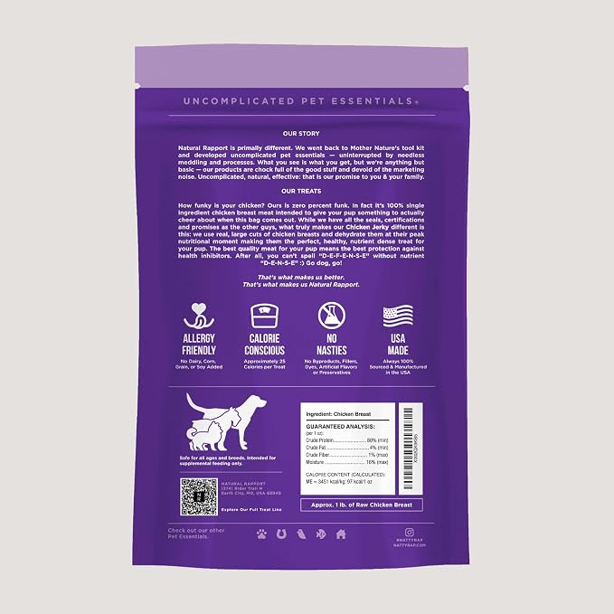 Natural Rapport Chicken Jerky Dog Treats - Single Ingredient Chicken Breast, 80% Protein, Training Treats for Small & Large Dogs (4 oz) (15+ Treats)