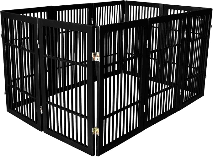 Urnporium Pet Dog Gate Freestanding, Strong Durable Folding Wooden Fence, Portable Acacia Hardwood Safety Barrier for Indoor & Outdoor Use (Black Pet Gate, 10 Panel 30" Tall)
