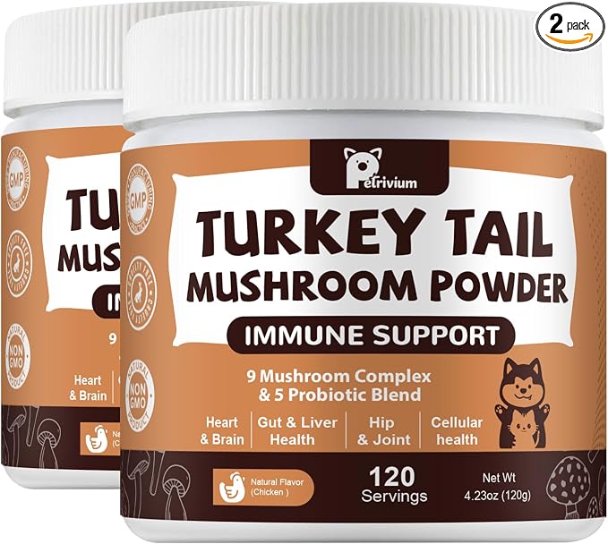 Mushroom Supplement with Probiotics for Dogs & Cats, Turkey Tail Mushroom for Pets - Mushroom Powder for Immune Boost & Overall Health- Partner Guard for Dogs Lumps and Bumps 2 Pack