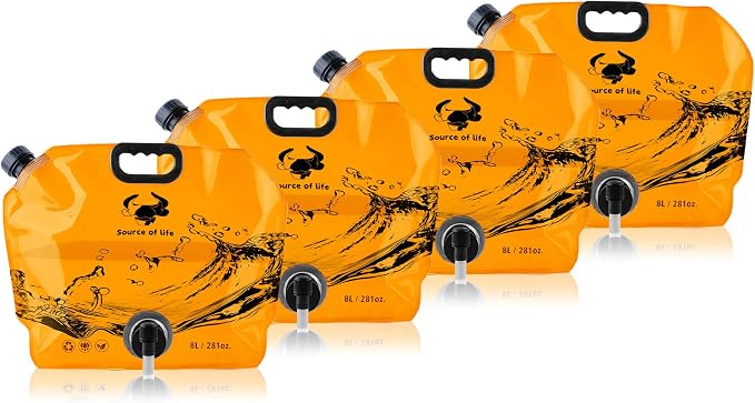 Water Jug Camping 2.1 Gallon Collapsible with Spigot, BPA Free Portable Water Pouch Foldable Water Bags for Outdoor Hiking, Travel and Emergency & Water Storage Containers (Orange-4Pcs)