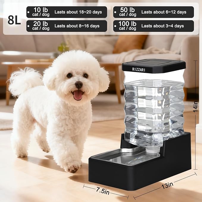 RIZZARI 8L Gravity Dog Water Dispenser, Filter-Free Pet Water Bowl with Low Maintenance Design, Spill Resistant Indoor Waterer for Medium Dogs, Cats & Apartment Homes