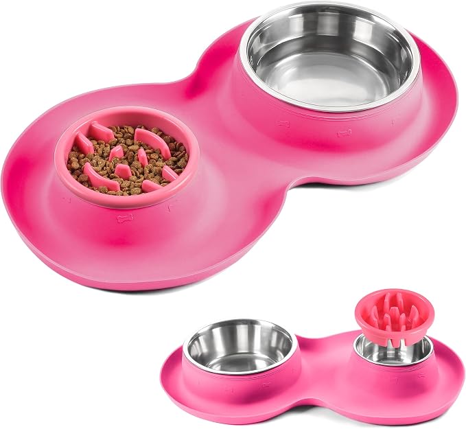 100% Waterproof BPA Free Pet Dog Bowls2 Stainless Steel（53oz+27oz） with 1.35“ Raised Edge Silicone Mat + Slow Feed Dog Water and Food Bowls for Feeding Large Dogs Cats Puppies (Pink)