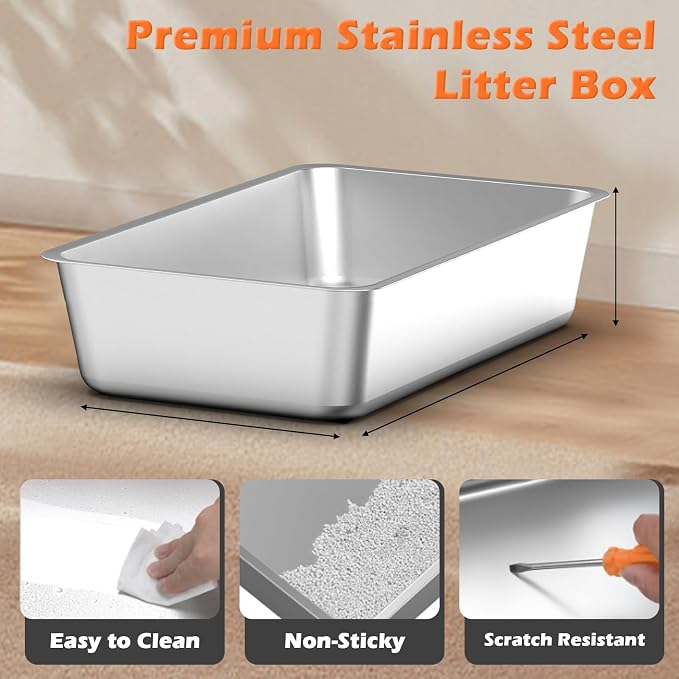 Stainless Steel Litter Box with Lid, Extra Large Litter Box Enclosed Top Entry Metal Litterbox for Big Cats Easy Cleaning Anti-Leakage & High Sided Black