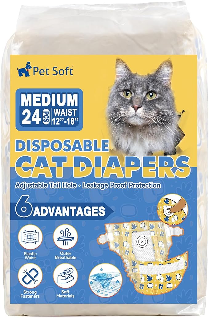 Pet Soft Disposable Cat Diapers - Diaper for Female & Male Cats, Puppy Doggie Diapers for Female Dogs with Adjustable Foam Tail Hole, Medium (24Pcs, Yellow)