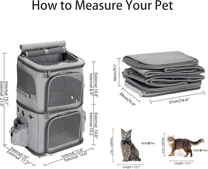 HOVONO Double-Compartment Pet Carrier Backpack for Small Cats and Dogs, Cat Travel Carrier for 2 Cats, Perfect for Traveling/Hiking/Camping, Grey