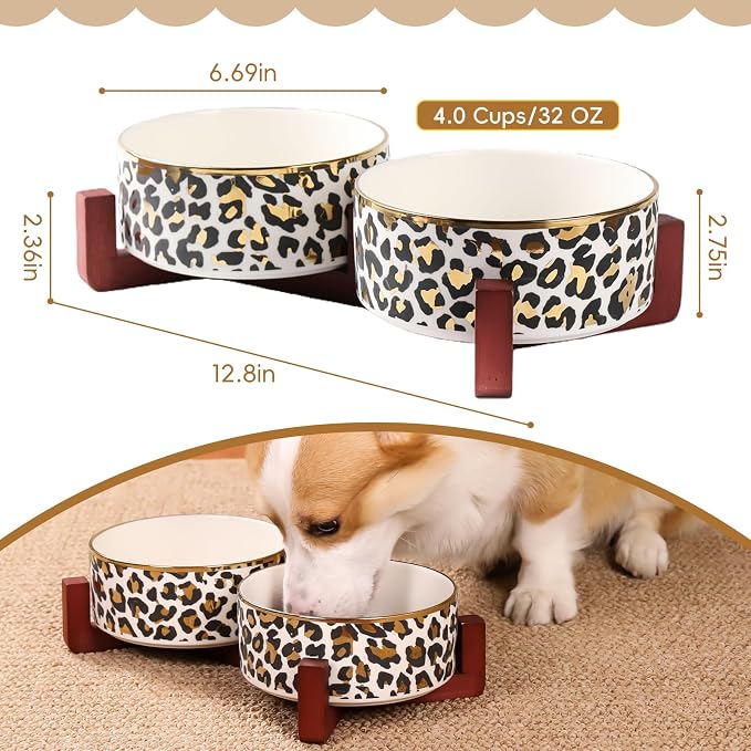 Dog Bowl Set with Wood Stand, Non-Slip Anti-Tip Elevated Design, Double Ceramic Animal Food Water Cat Bowls, Suitable for Large/Medium Sized Dog Pet Feeder Dish Station - 32 OZ,White Leopard Print