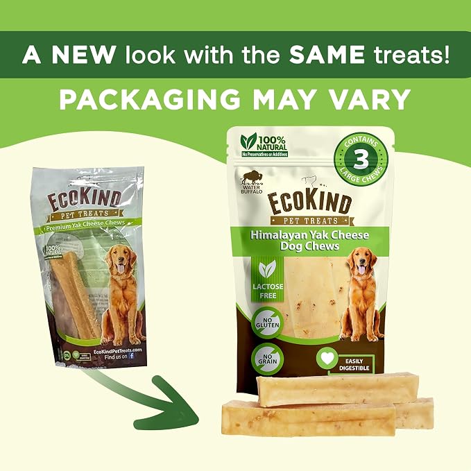 EcoKind Yak Cheese Himalayan Dog Chews, Yak Chews for Large Dogs, Long Lasting Bone for Aggressive Chewers, 4 Ingredients, Natural High Protein Dog Treats, No Additives, Water Buffalo, Large - 3 Chews