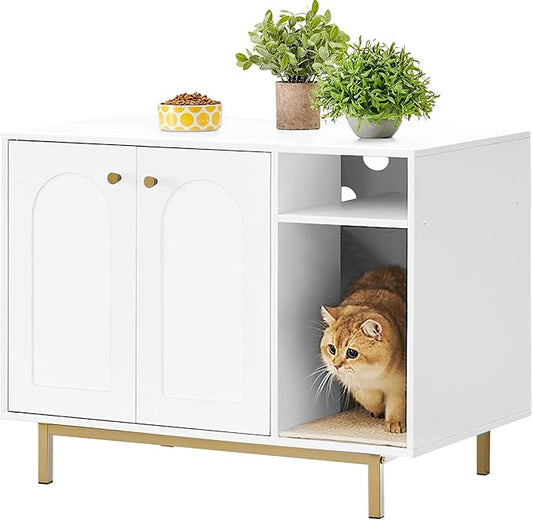 Hzuaneri Cat Litter Box Enclosure,Hidden Litter Box Furniture with Storage, Large Wooden Cabinet with Sisal Mat, Modern Cat Washroom for Living Room, Bedroom, Entryway, White and Gold 01503GCLB