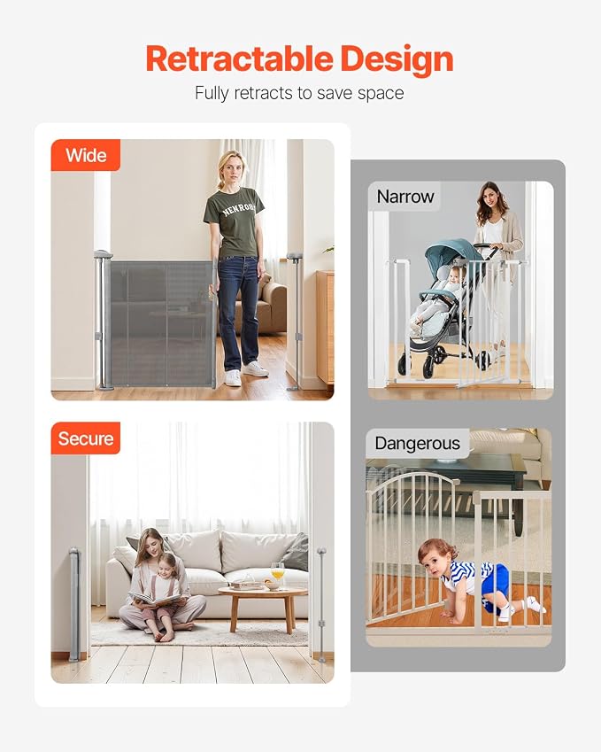 VEVOR Retractable Baby Gate, 34 inch Tall, Extends up to 55 inch Wide, Retractable Gate for Kids or Pets, Mesh Material, Easy to Install for Indoor Stairs, Doorways, Hallways, Playrooms, Gray