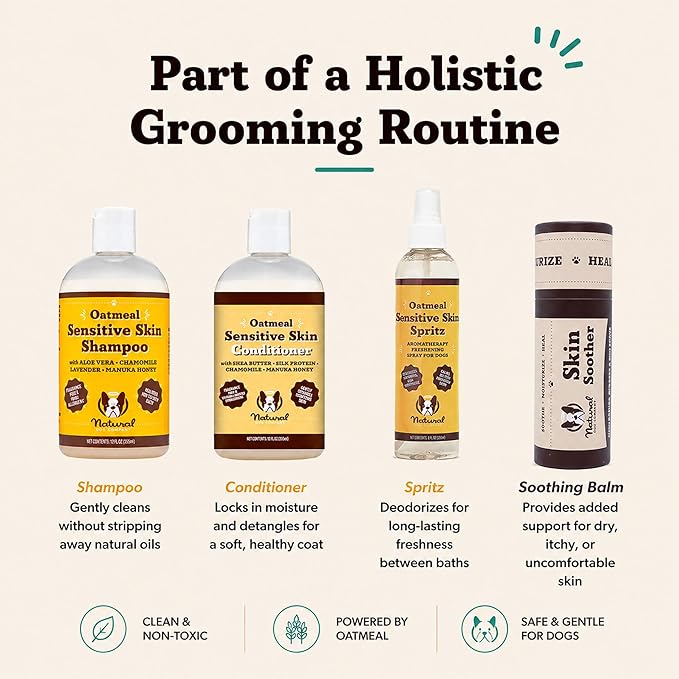 Natural Dog Company Sensitive Skin Dog Conditioner – Oatmeal Moisturizing for Sensitive & Itchy Skin, Detangling Grooming Formula for Long Haired Dogs, with Manuka Honey & Chamimile, 12 oz