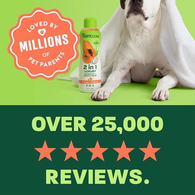 TropiClean 2-in-1 Dog Shampoo and Conditioner, Long Lasting Papaya Scent, Moisturizing Dog Detangler, Puppy & Kitten Safe, Made in the USA, 20oz.