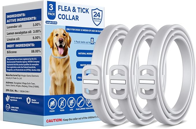 KOOSA Flea and Tick Collar for Dogs, 3 Packs Flea Collar for Dogs with Natural Essential Oils, Waterproof & Adjustable Flea and Tick Prevention Collar for Small Medium Large Dogs & Puppies, Grey 07