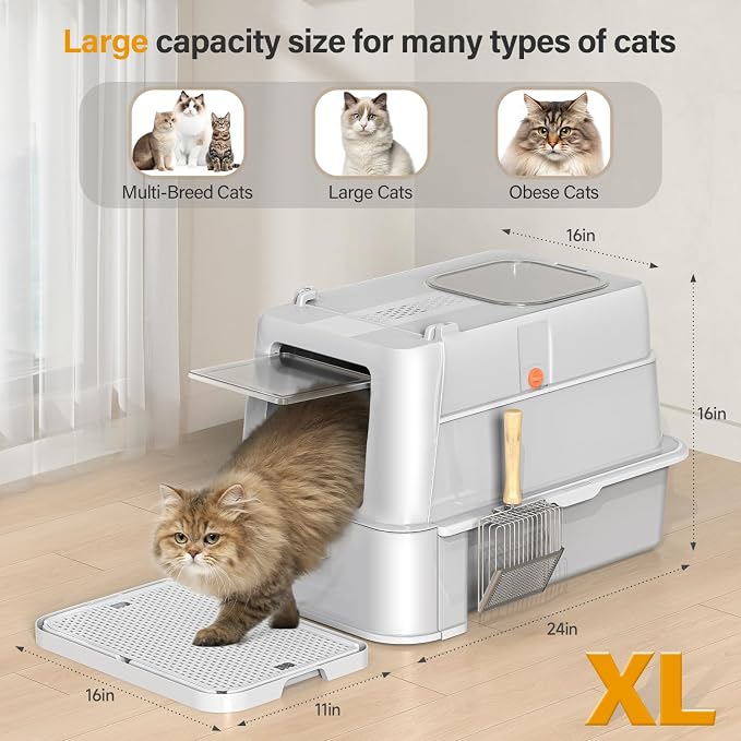 HEGGCOOE Enclosed Stainless Steel Cat Litter Box with Lid，XL Large Metal Cat Box with Drawer for Big Cats,Top Exit Kitty Litter Box Includes Scoop, Filter Pedal,Odor Control, Easy Cleaning