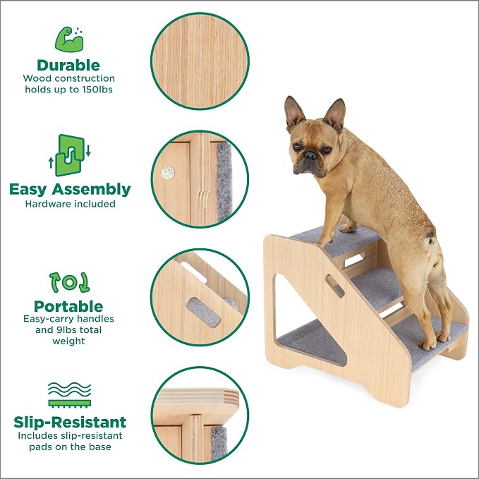 FurHaven Steady Paws 3-Step Pet Stairs – Plush Faux Fur Dog Steps for Bed and Sofa, Small Dogs & Cats, Natural/Gray
