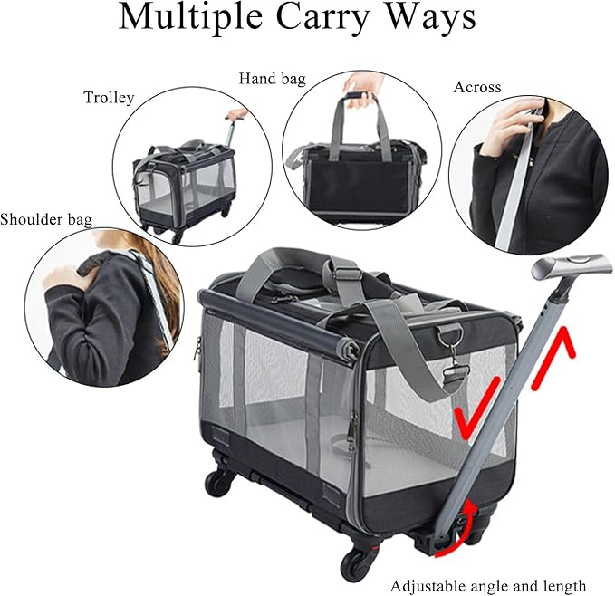 Pet Carrier with Wheels, Expandable Rolling Cat Dog Carrier for Medium and Small Dogs and Cats Pet Travel on Wheels with Upgraded and Telescopic Handle