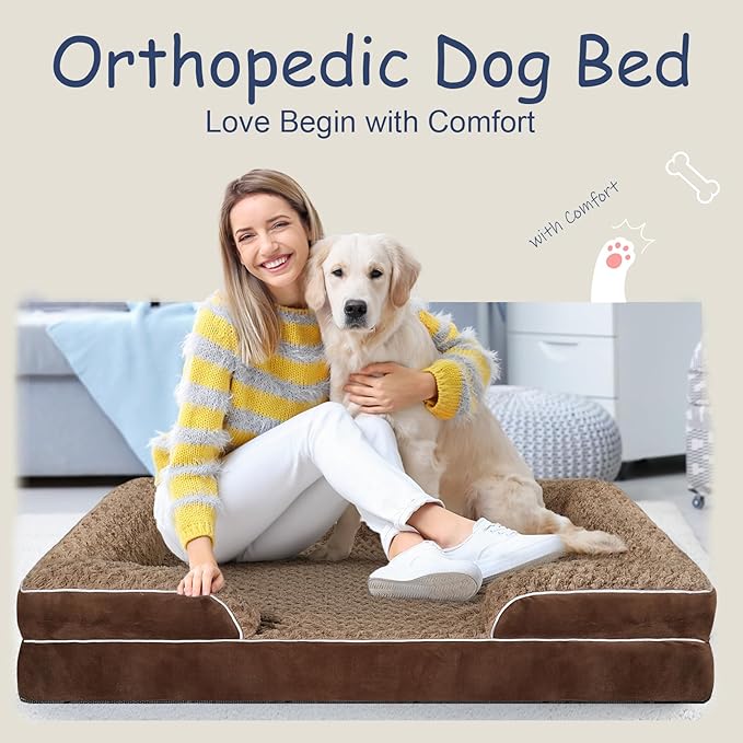 Orthopedic Dog Bed for Large Medium Sized, Washable Memory Foam Large Dog Bed, Medium Pet Sofa with Removable Cover, Washable Waterproof Pet Couch Beds(Brown, M)