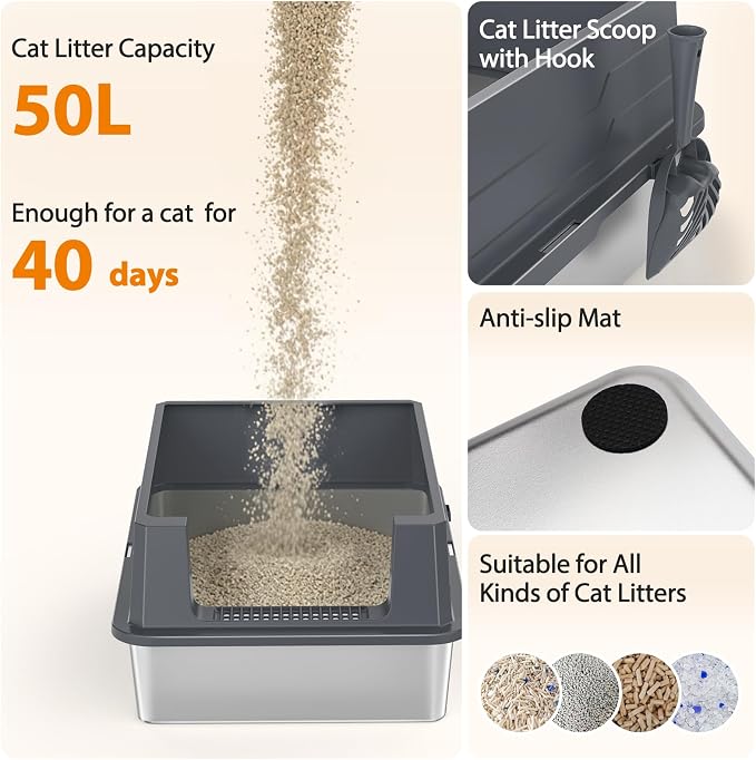 FURTIME Stainless Steel Cat Litter Box, Easy-Clean High-Sided Metal Litter Box, Open-Top Litter Pan for Large Cats, Great for Multi-Cat Homes,Includes Scoop&Mat, Non-Stick, Anti-Leakage, 28"×20"×12.2"