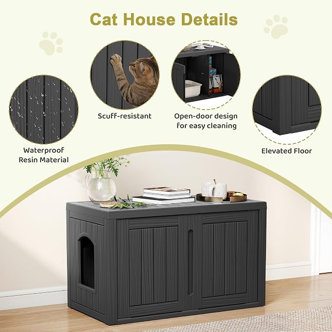 Cat Litter Box Enclosure, Hidden Enclosed Litter Box Furniture with Adjustable Partition, Multi-Functional Outdoor Cat House, Side Table, Easy to Clean, Dark Black
