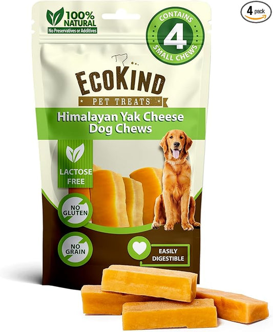 EcoKind Yak Cheese Himalayan Dog Chews, Yak Chews for Small Dogs, Long Lasting Bone for Aggressive Chewers, Only 3 Ingredients, Natural High Protein Treats, No Additives, Lactose Free, Small - 4 Chews