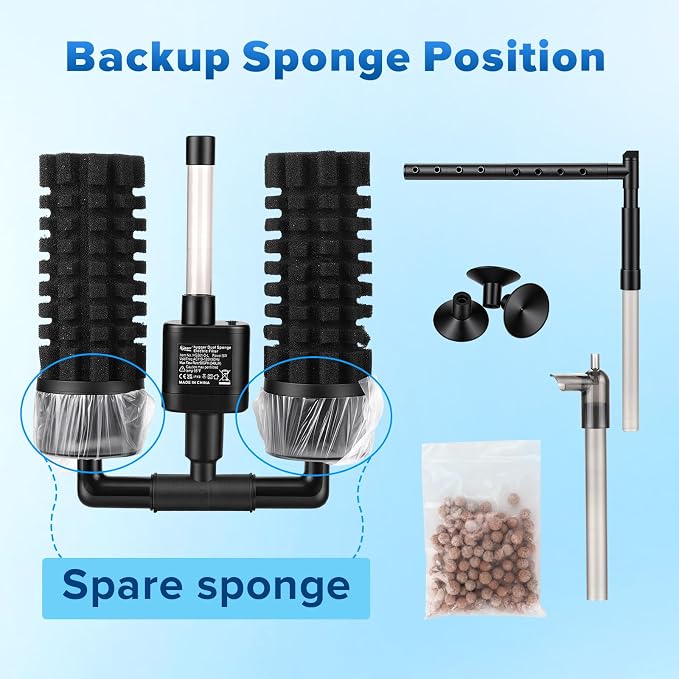 hygger Electric Aquarium Sponge Filter, 5W Quiet Fish Tank Filter Pump with 2 Spare Sponge & Bio Media Balls, Adjustable Outlet Venturi & Rain Mode(L for 29-55 Gal Fish Tank)