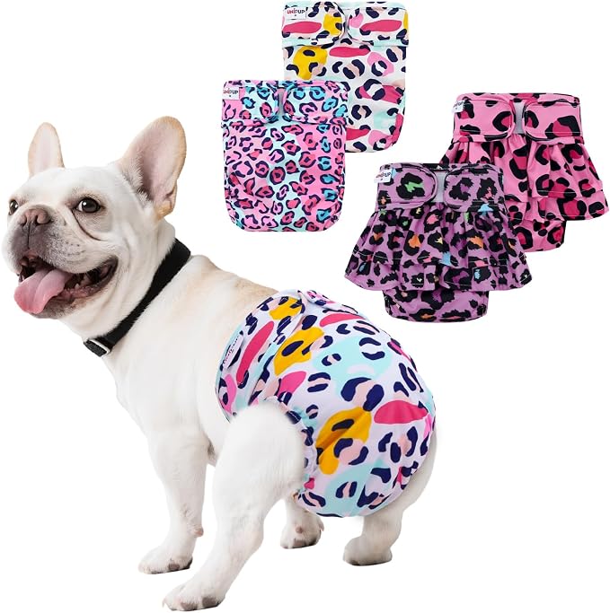 Female Dog Diapers Reusable No Tail Hole Period Panties Washable Diapers Female for Docked-Tail Frenchie French Bulldog Boston Terrier Without Tail (2 Pack Regular+2 Pack Skirts) U-WWDQB03S
