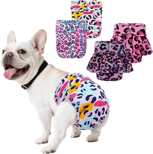 Female Dog Diapers Reusable No Tail Hole Period Panties Washable Diapers Female for Docked-Tail Frenchie French Bulldog Boston Terrier Without Tail (2 Pack Regular+2 Pack Skirts) U-WWDQB03L
