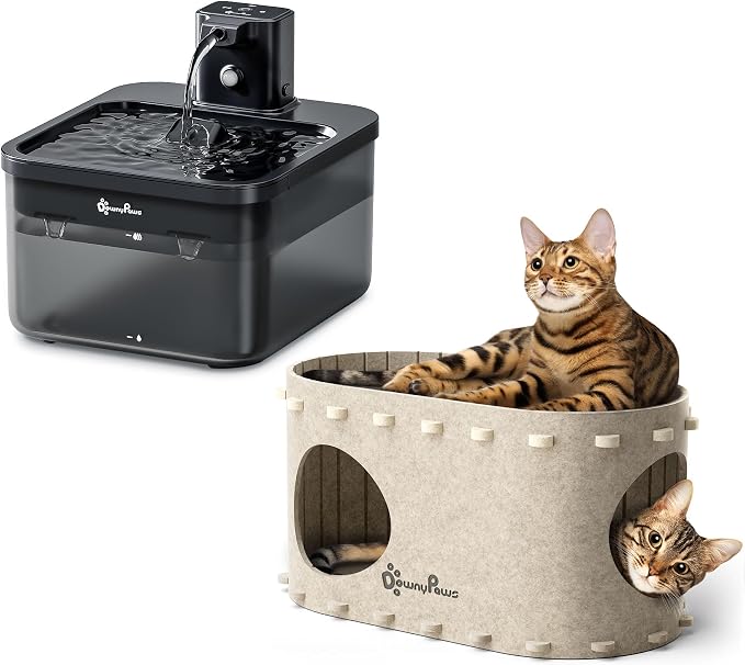 DownyPaws Wireless Cat Water Fountian Black and Cat House for Indoor Cats Cream