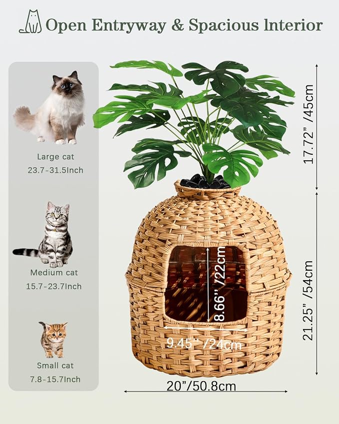SETVSON Cat Litter Box Enclosure Plant Cat Litter Box Furniture with Artificial Plants, Large Hidden Handwoven Rattan with One Mat, Odor Control Filter, PVC Film, Real Stones, Stylish Decor, Natural