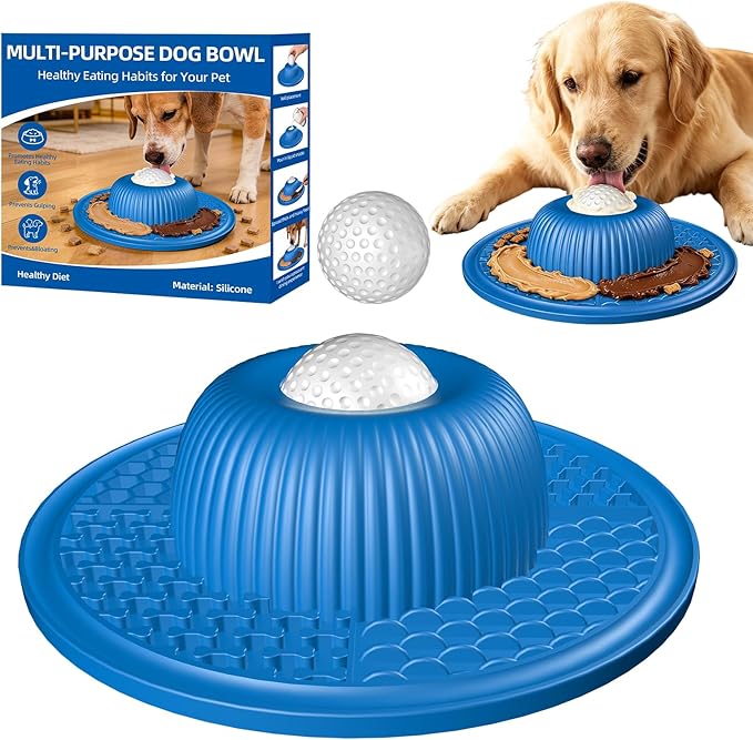 2-in-1 Dog Slow Feeder Bowl & Lick Mat with 2 Rotatable Balls, No-Slip Silicone Anxiety Relief Treat Mat for Dogs & Cats, Dishwasher Safe (Blue)