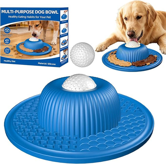 2-in-1 Dog Slow Feeder Bowl & Lick Mat with 2 Rotatable Balls, No-Slip Silicone Anxiety Relief Treat Mat for Dogs & Cats, Dishwasher Safe (Blue)