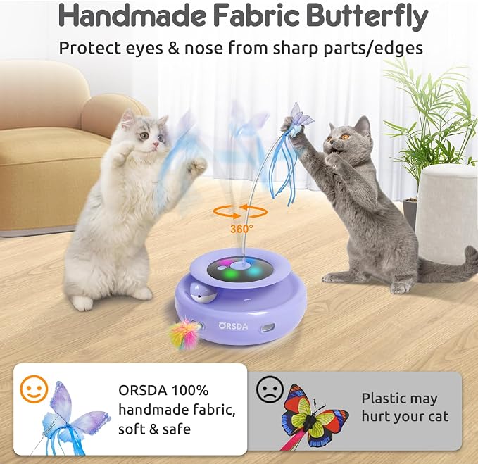 ORSDA Cat Toy, 3-in-1 Automatic Cat Toys for Indoor Cats, Rechargeable Power Interactive Feather Toys for All Breeds, Replacement Attachments 7PCS Cat Teaser Toy