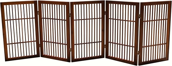 Urnporium Pet Dog Gate Freestanding, Strong Durable Folding Wooden Fence, Portable Acacia Hardwood Safety Barrier for Indoor & Outdoor Use (Brown Pet Gate, 5 Panel 30" Tall)
