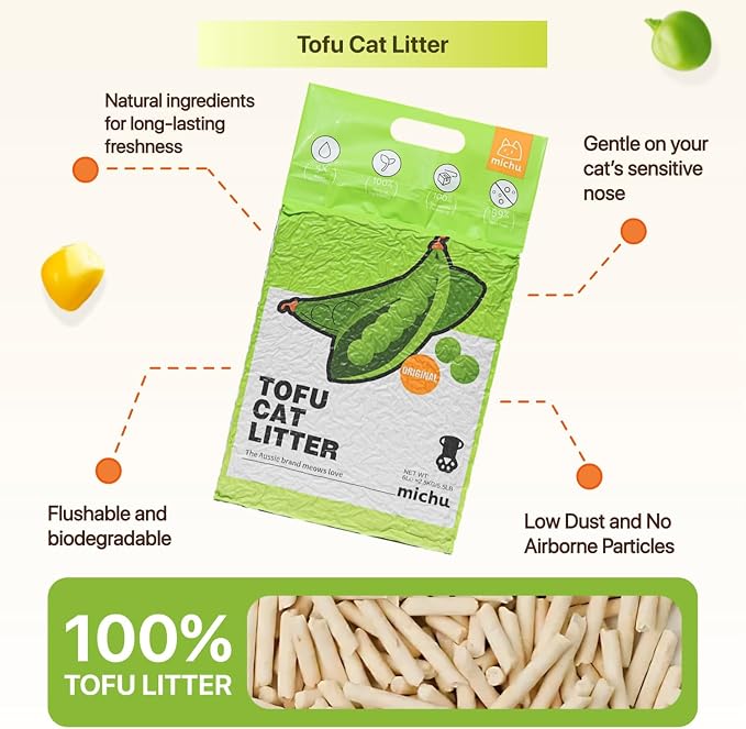 Michu Tofu Cat Litter Natural Clumping Tofu Cat Litter, Fast Clumping and Easily Scoop-able 5.5lb/88oz 5 Scents - Greentea, 8 Pack