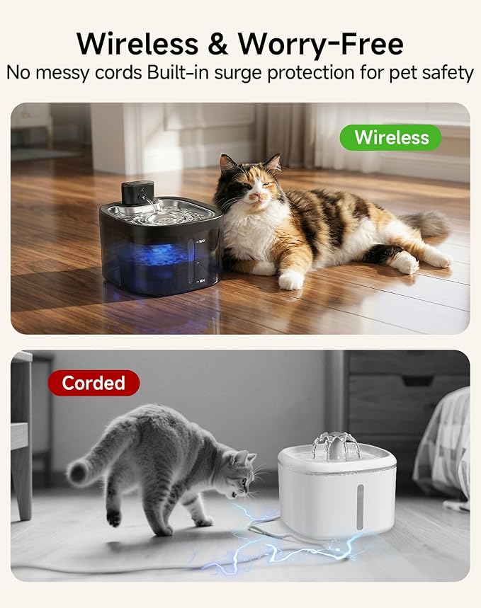Cat Water Fountain Cordless: Battery Operated 118oz/3.5L Pet Water Fountain for Cats Indoor with Motion Sensor, Stainless Steel Tray, Ultra Quiet, Easy-to-Clean, Gifts for Cats, Dogs (8Filters)