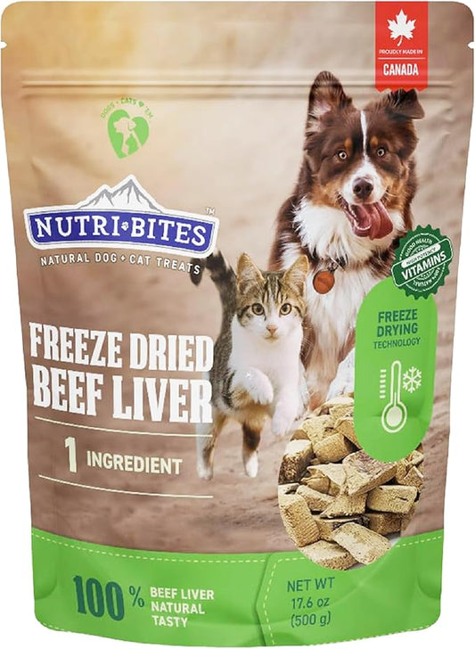 Nutri Bites Freeze Dried Beef Liver Dog & Cat Treats, Single Ingredient High Protein Pet Treats, 17.6 oz