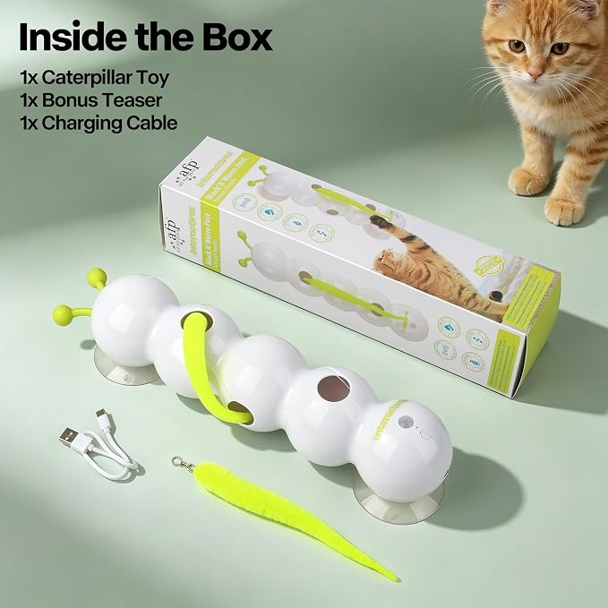 Upgraded Caterpillar Cat Feather Toy, Automatic Fluffy Tail Teaser with Motion Sensor, USB Rechargeable, Suction Cup for Stable Play, Perfect for Indoor Cats
