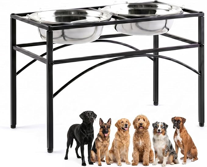 Funkeen Elevated Dog Bowls Raised Pet Feeder Cat Food & Water Diner Stand Set w/ 2 Removable Stainless Steel Bowls (2 Quarts/13.77" in Height)