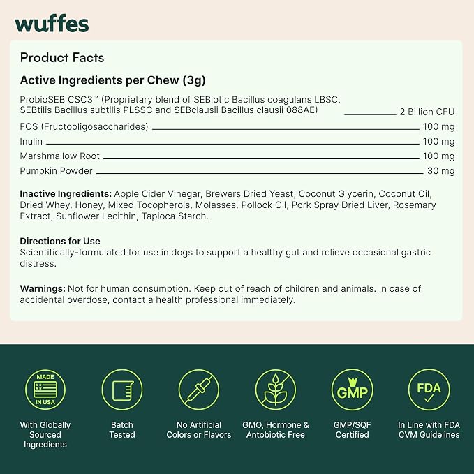 Wuffes Daily Probiotic for Dogs - Supports Digestive Health, Gut Balance, and Immune System - with Prebiotics, Marshmallow Root, and Pumpkin Powder (120 Chews (Pack of 2))