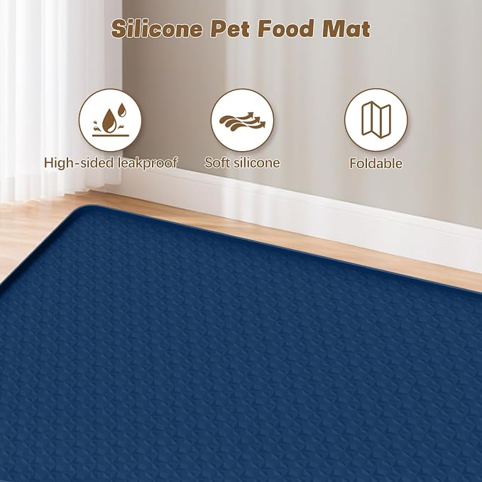 Cat Food Mat, 51" x 25.6" Extra Large Silicone Pet Feeding Mat with Raised Edge Pet Placemat for Food and Water Bowl Non-Slip, Easy to Clean, Floor Protection (Navy Blue)