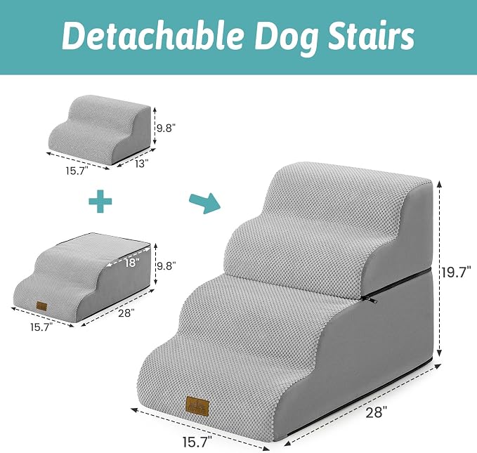 COZY KISS Detachable Curved Dog Stairs 19.7" H, 4 Step Small Dog Step for Puppy or Older Cat, Ramp for Bed, Sofa, Couch or Chair, Ladder with High Density Foam, 15.7x28.3x19.7 inch, Grey