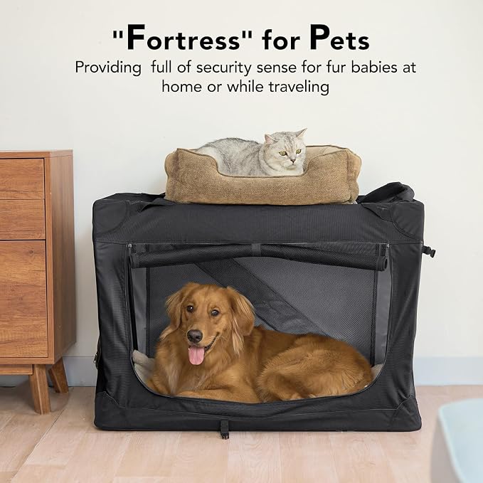 HICC PULE Collapsible Portable Dog Crate, 36 Inch Large Dog Crate Ideal as Travel Dog Crate for Large/Medium Dogs, 3-Door Soft-Sided Pet Kennel for Indoor & Outdoor, Car Trip, Black