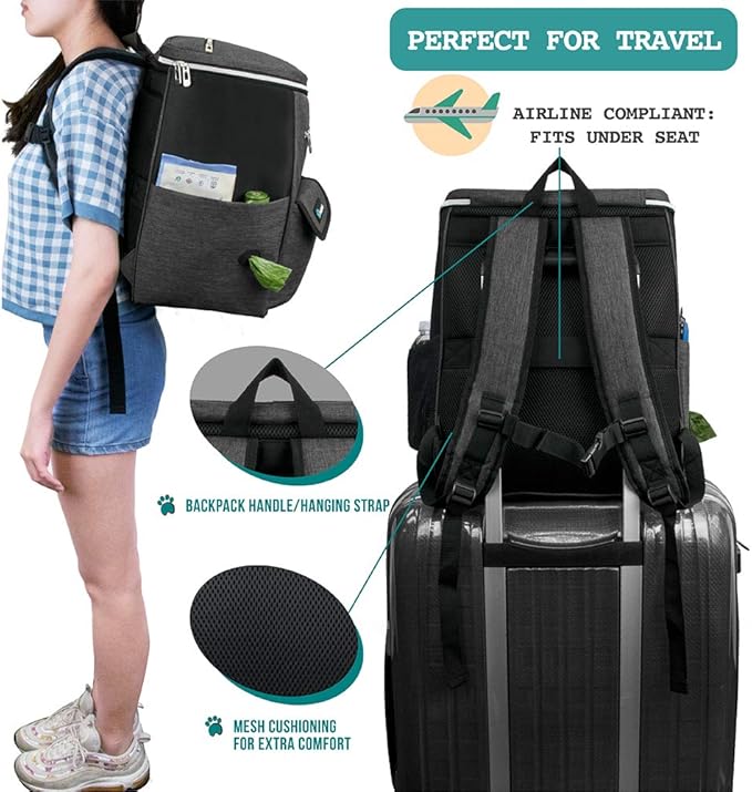 PetAmi Dog Travel Bag Backpack, 27L Airline Approved Pet Supplies Organizer with 2 Food Containers, 2 Collapsible Bowls & Poop Bag Dispenser, Weekend Road Trip Camping Dog Mom Gift, Dark Gray