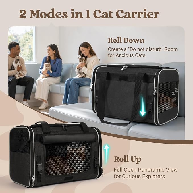rabbitgoo Cat Carrier Soft, Pet Bag with Rollable Flap for Anxious Kittens, Travel Safe for Car Airline, Collapsible Portable Carrying for Small to Medium Cats, Black, 17" L x 11" W x 11" H