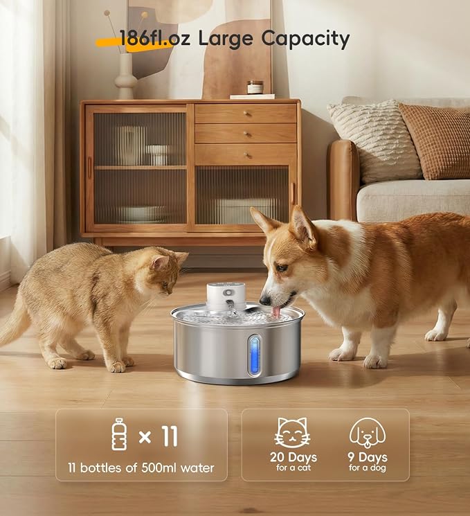Stainless Steel Cat Water Fountain, 186fl.oz/1.45Gal Wireless Dog Water Fountain Battery Operated, Pet Water Dispenser Cordless for Cats & Dogs Indoor