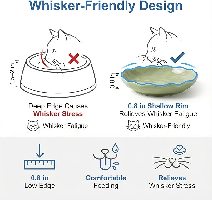 Shallow Cat Bowls 6 Pack – Whisker Friendly Ceramic Cat Dishes for Wet & Dry Food, Dishwasher Safe