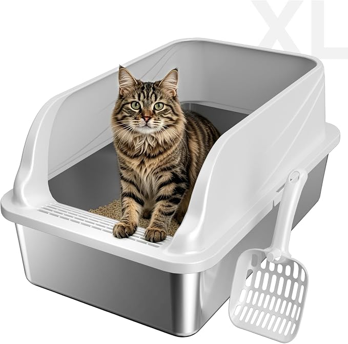 XL Stainless Steel Cat Litter Box with high Sides, Includes Scoop | Extra Large Litter box for Big Cats,Urine Leakage, Non-Stick, Durable,Easy to Clean