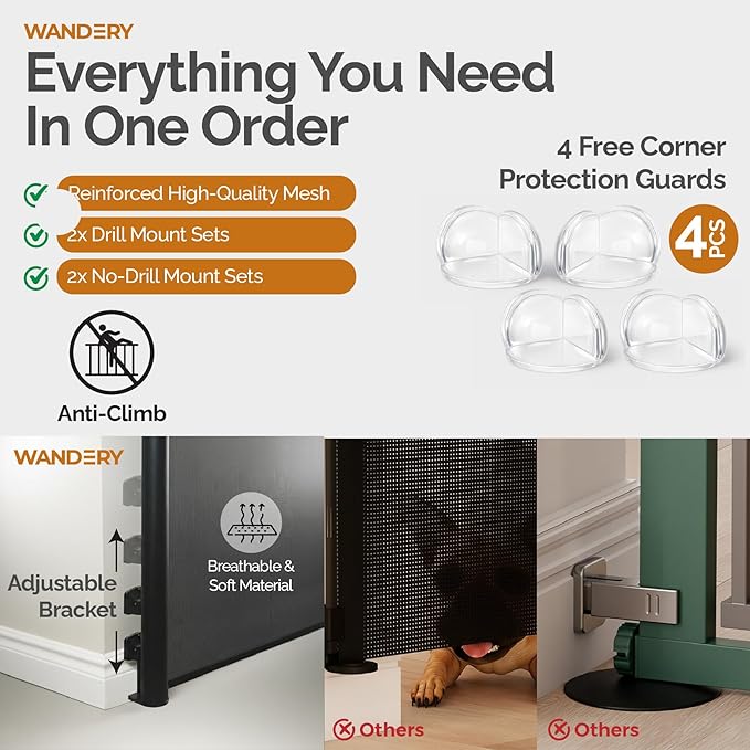 Retractable Baby Gate - 72" Wide Mesh Dog Gate with Support Rods - 34" Tall for Stairs, Doorways, Hallways - Drill or No-Drill - Pet & Cat Gate - Outdoor/Indoor (Black, 5.91 Feet)