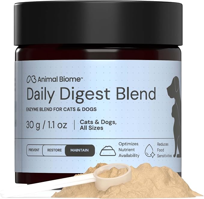 Animal Biome Digestive Enzyme Powder for Dogs & Cats 30g (40 Scoops), Daily Digest Supplement for Dogs, S. Boulardii, & Slippery Elm, Supports Healthy Digestion & Nutrient Breakdown, Daily Food Topper