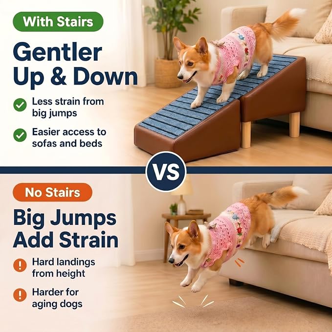 Dog Stairs for Small Dogs, Dog Stairs for Couch& Bed, Non-Slip Foldable 2-in-1 Pet Steps for Cats, Leather Ottoman (Brown, Large, 1.0)