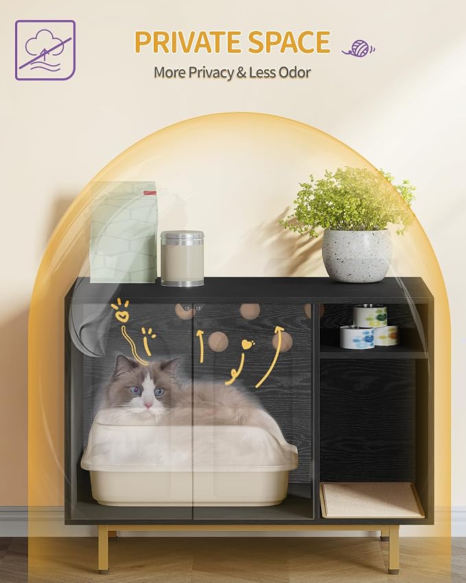 Hzuaneri Cat Litter Box Enclosure,Hidden Litter Box Furniture with Storage, Large Wooden Cabinet with Sisal Mat, Modern Cat Washroom for Living Room, Bedroom, Entryway, Black and Gold CB01504G